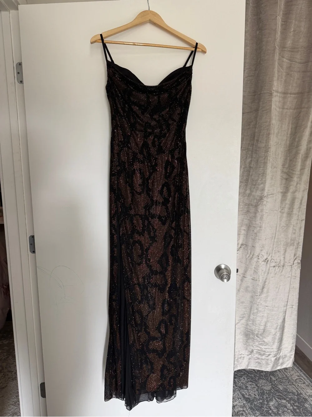 Oh Polly- Velia- Embellished Peek-A-Boo Cowl Neck Dress in Brown Snake - Picture 5 of 7